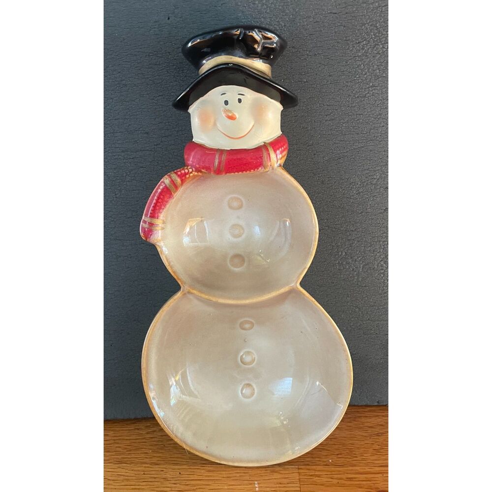 Vintage Snowman Ceramic Divided Serving Dish Christmas Candy Nut Tray 10.5"